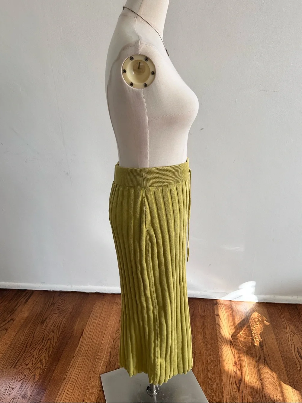 Ribbed Knit Chartreuse Two Piece Top & Midi Skirt Set Medium